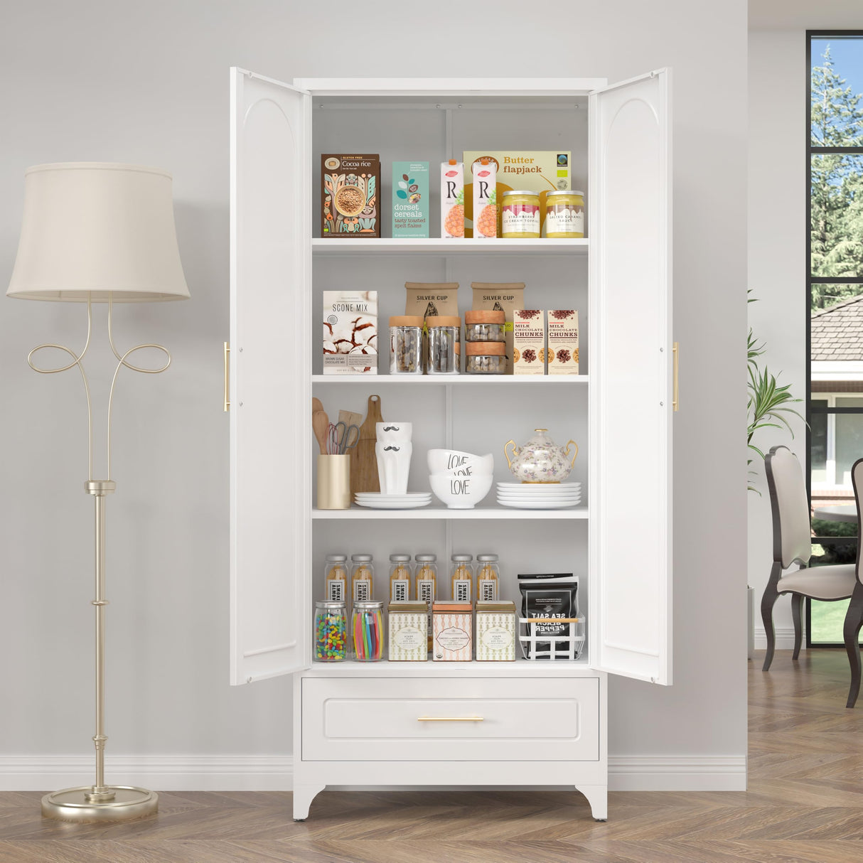 Metal Storage Cabinet with Drawers,75Inch White Pantry Cabinets for Kitchen Storage with 3 Adjustable Shelves,Tall Kitchen Pantry Cabinet for Living Room, Dining Room Office SteeLoong