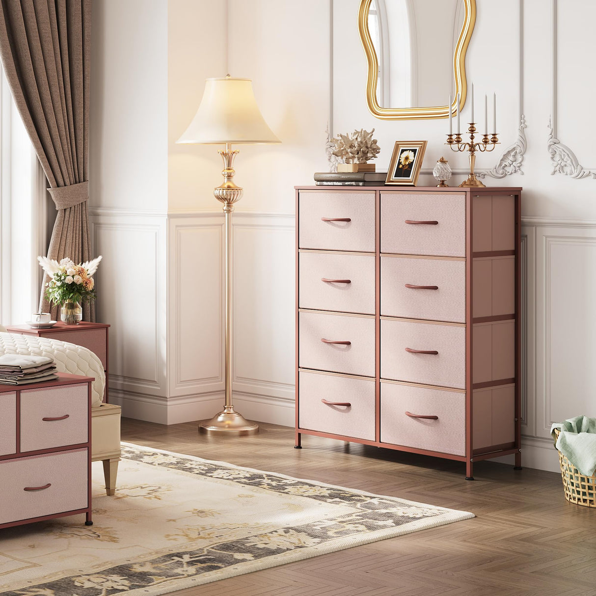 WLIVE Fabric Dresser for Bedroom, Tall Dresser with 8 Drawers, Storage Tower with Fabric Bins, Double Dresser, Chest of Drawers for Closet, Playroom, Dormitory, Pink and Rose Gold WLIVE