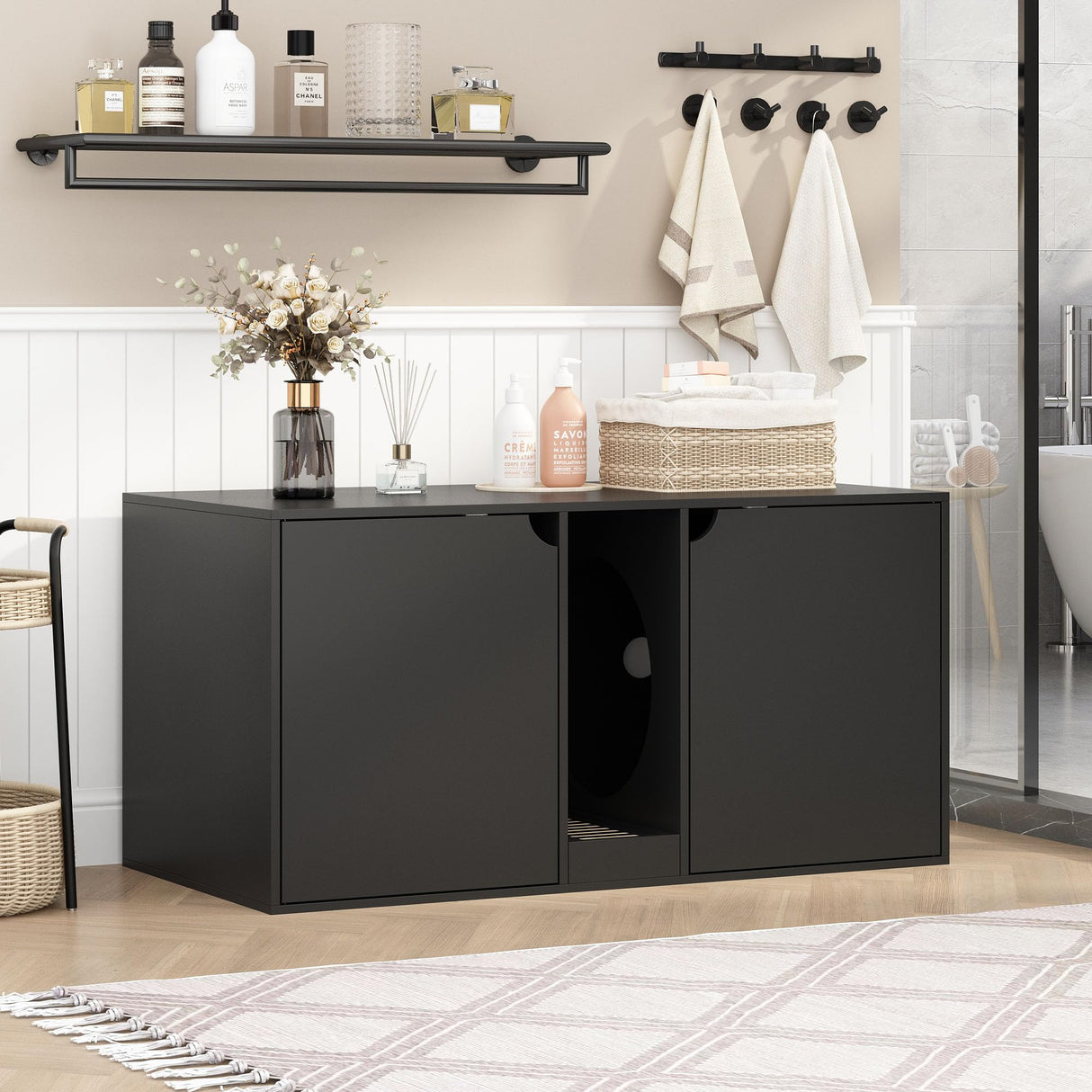 DAWNSPACES Large Cat Litter Box Enclosure for 2 Cats, Modern Wood Stackable Large Cat Washroom Storage Cabinet Bench End Table Furniture,with Removable Litter Box, Black DAWNSPACES