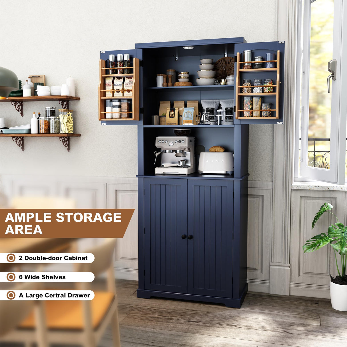 HLR 72" Kitchen Pantry Storage Cabinet, Freestanding Larder Cupboard, Kitchen Hutch Cabinet with Microwave Stand,Utility Pantry with Doors and Shelves for Dining Room, Living Room, Laundry HLR