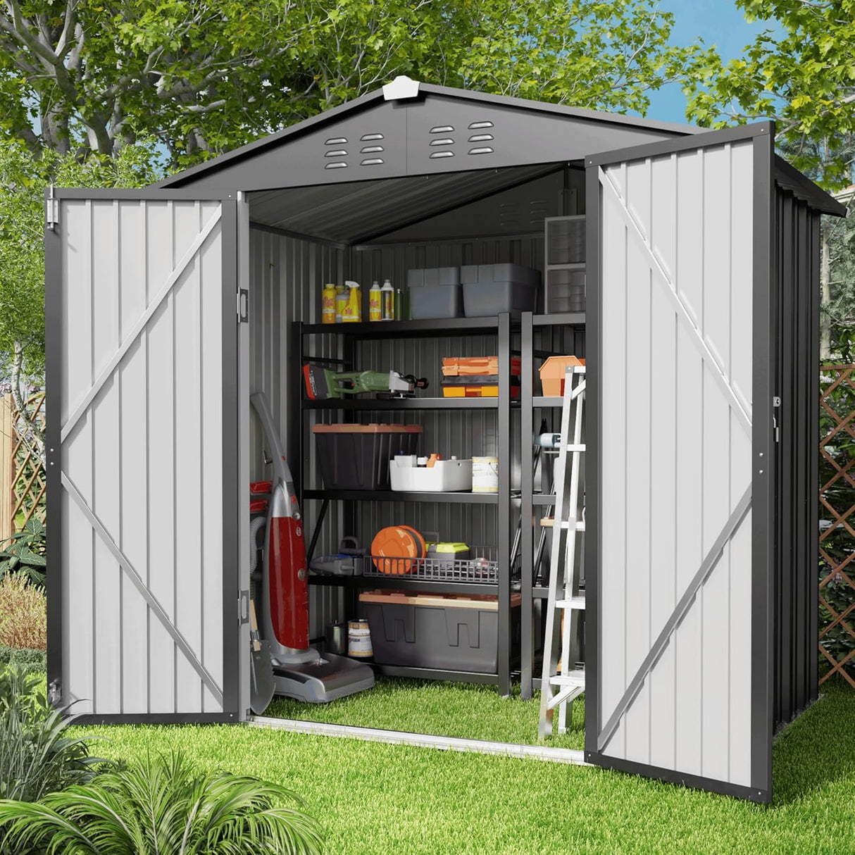 Gizoon Outdoor Storage Shed 6 x 4 FT, Galvanized Metal Garden Shed with Double Lockable Doors, Outdoor Storage Clearance for Backyard Patio Lawn-Dark Grey Gizoon