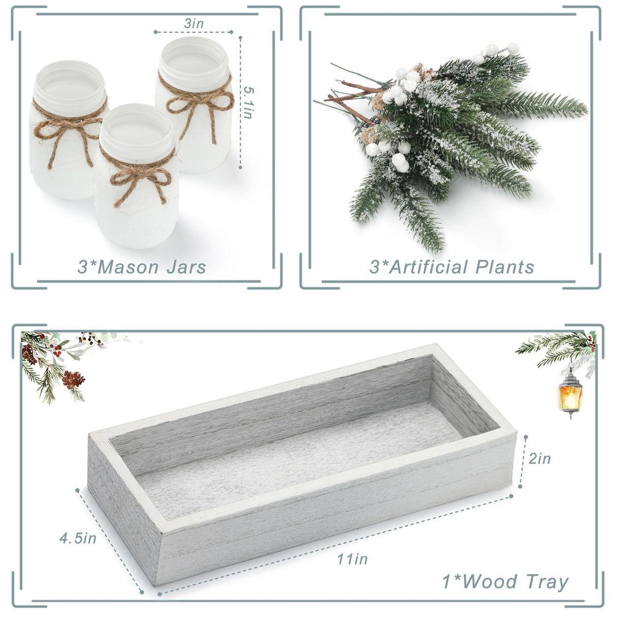 SUPREME LIGHTS ·2017· Christmas Mason Jars, Winter White Mason Jars, Christmas Centerpieces for Home Table Decor, Wood Tray & 3 Decorative Jars, Winter Farmhouse Dining Table Centerpieces Decoration SUPREME LIGHTS ·2017·