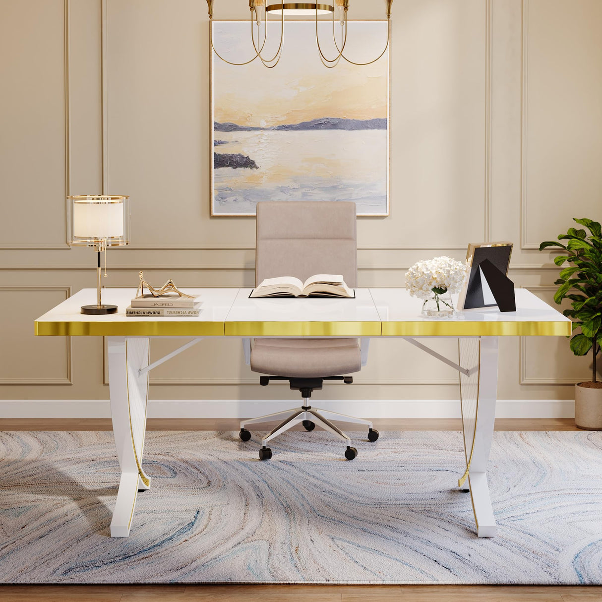 Tribesigns Luxury Modern Office Desk, White and Gold Large 63" Workstation, Elegant Executive Desk with High-Gloss Finish, Sturdy Metal Legs, Perfect for Home Office or Study Tribesigns