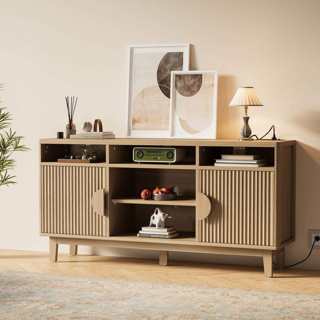 IRONCK TV Stand for 65 Inch TV, 59 Inch Entertainment Center with Storage and Charging Station, Modern Media Console with 3 Adjustable Shelf, Fluted Doors Design, Natural Oak IRONCK