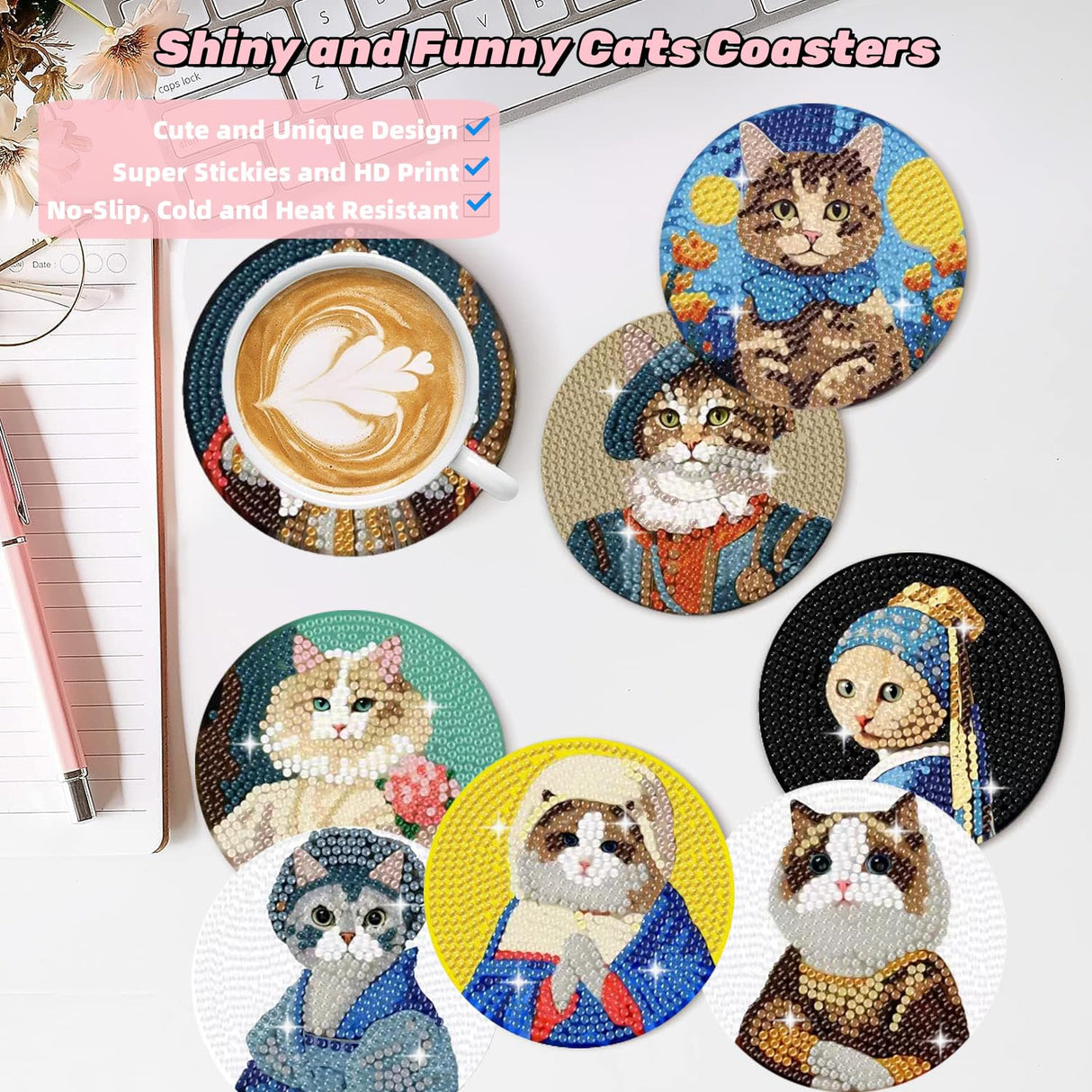 Puraikcmi 8PCs Diamond Paintings Coasters Kits Set With Holder, Cat Diamond Art, Crafts DIY Funny Adult Craft Diamond Dots Gift Puraikcmi