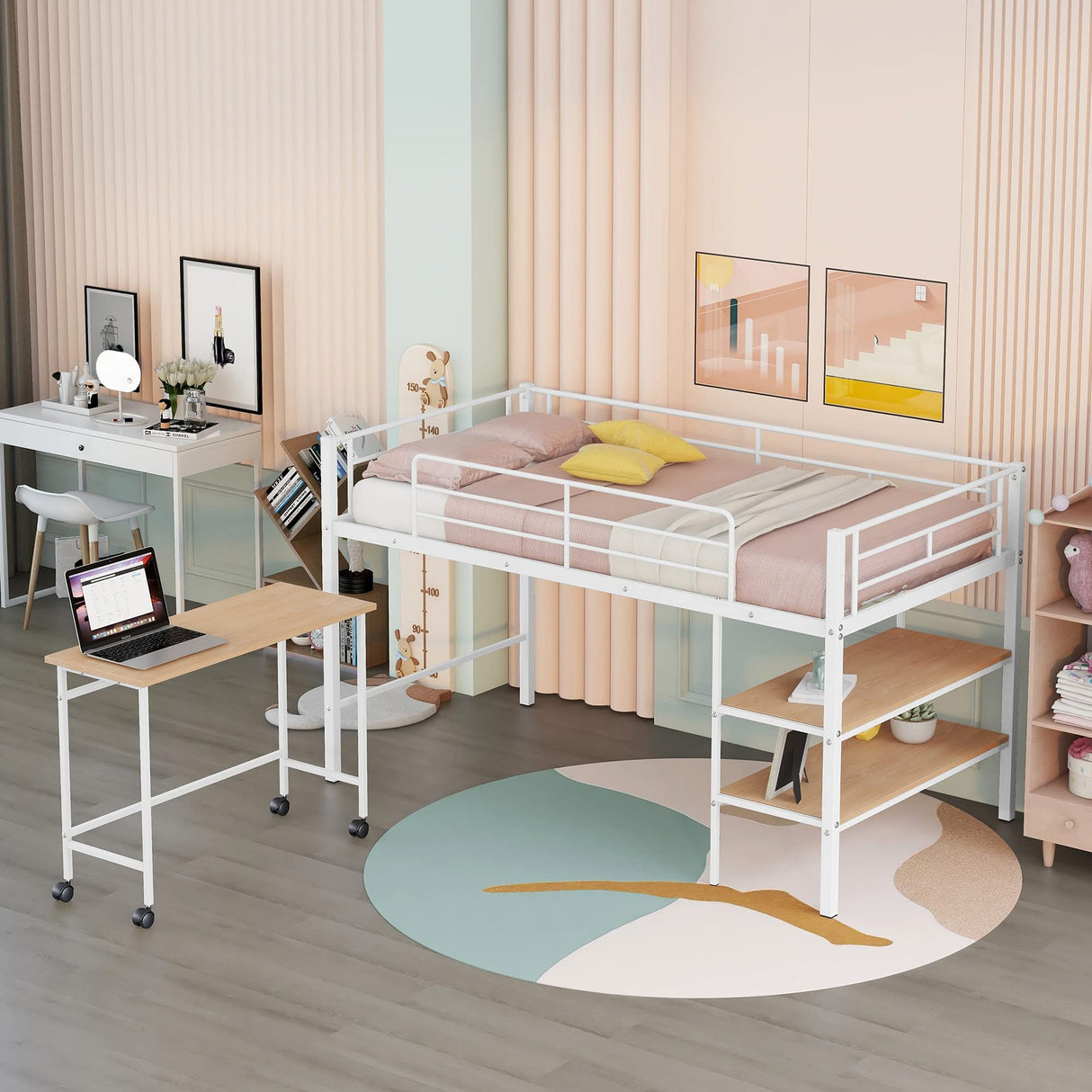 Harper & Bright Designs Low Loft Bed with Desk, Twin Size Metal Loft Bed Frame with Storage Shelves for Kids (Twin Size, White) Harper & Bright Designs