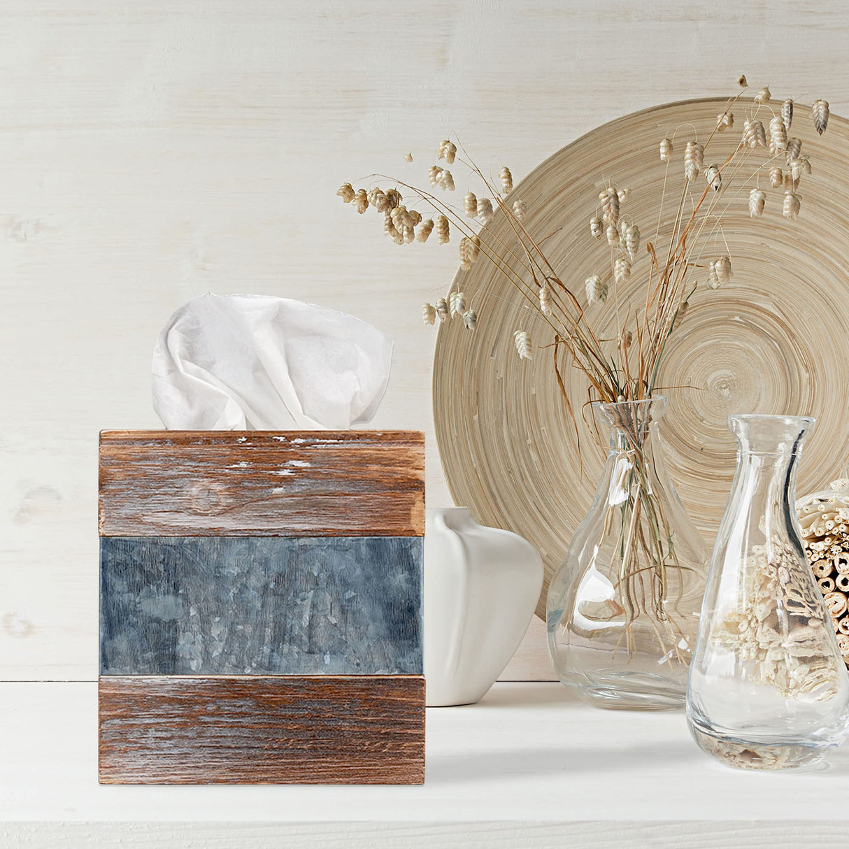 Barnyard Designs Rustic Metal and Distressed Wood Square Tissue Box Cover - Decorative Bathroom Facial Tissue Box Holder Farmhouse Country Decor 6” x 6” Barnyard Designs