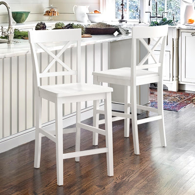 Cozyman Counter Height Bar Stools Set of 2, 24" H Wooden Counter Stools with Back and Footrest, X-Back Farmhouse Barstools for Kitchen Island, Home Bar, White