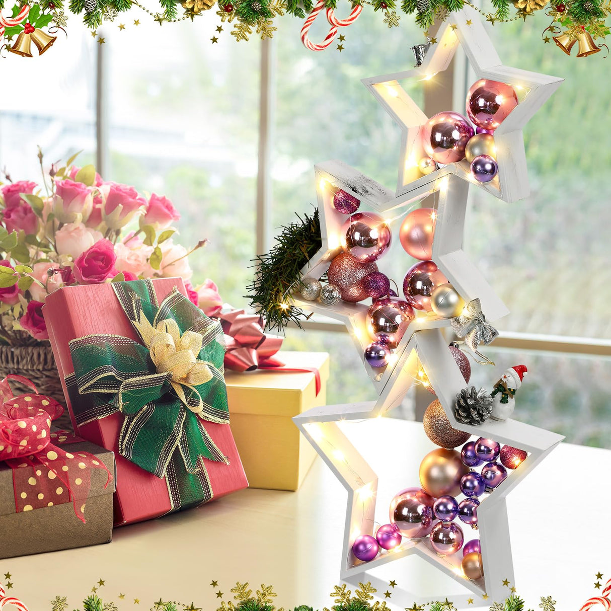 Cinnvoice 3 PCS Wooden Star Christmas Tabletop Decor Christmas Farmhouse Centerpiece Star Sign for Fireplace Mantle Shelf Xmas Table Accents White Wood Star DIY Ornament for Home Cinnvoice