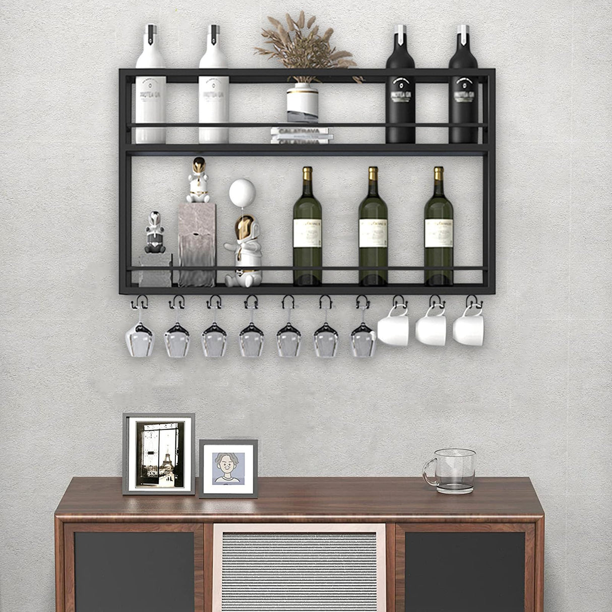 Industrial Wall Mounted Wine Rack, 2-Tier Wood Wine Bottle Shelf with Stemware Rack, Black Wine Glass Rack Multi Functional Wine Storage Display Rack for Home Bar Dining Room Kitchen (39.3×7.8×26in) SPTZQURY