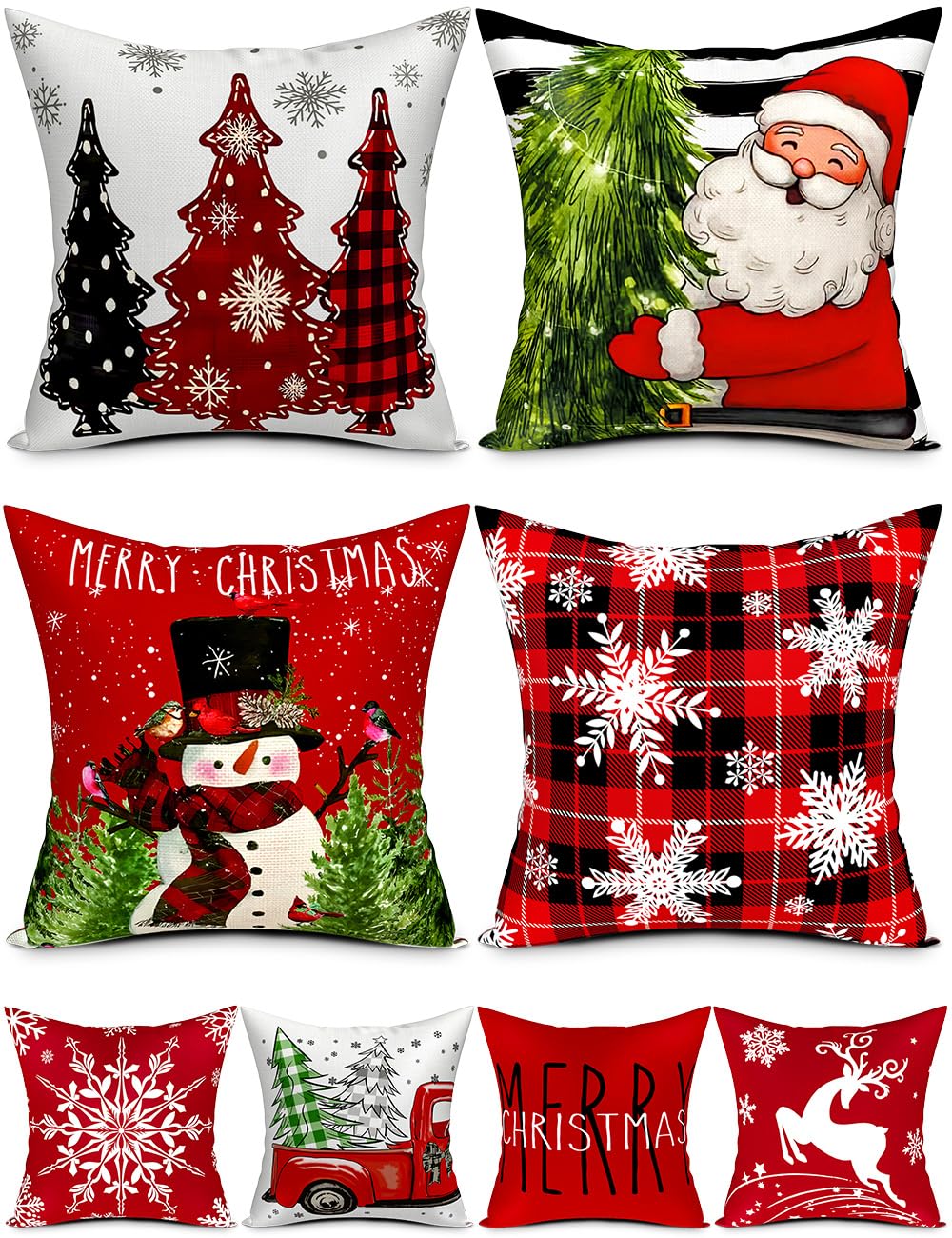 Double-Sided Print Christmas Pillow Covers 18''x18'', Set of 4, 8 Christmas Patterns Christmas Tree, Snowman, Snowflakes, Merry Christmas, Deer, Santa Claus,Truck, Let It Snow, Soft Linen Material TOYPOPOR