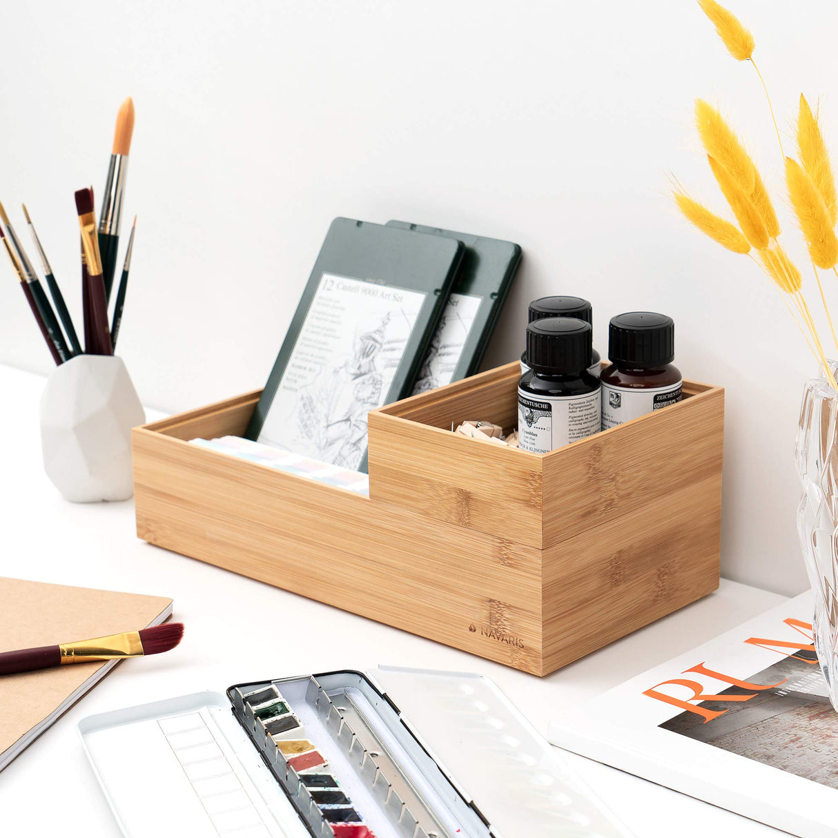 Navaris Bamboo Storage Boxes - Set of 2 Wood Stackable Box Organizers for Bedroom, Kitchen, Bathroom, Living Room, Makeup, Jewelry, Accessories Navaris