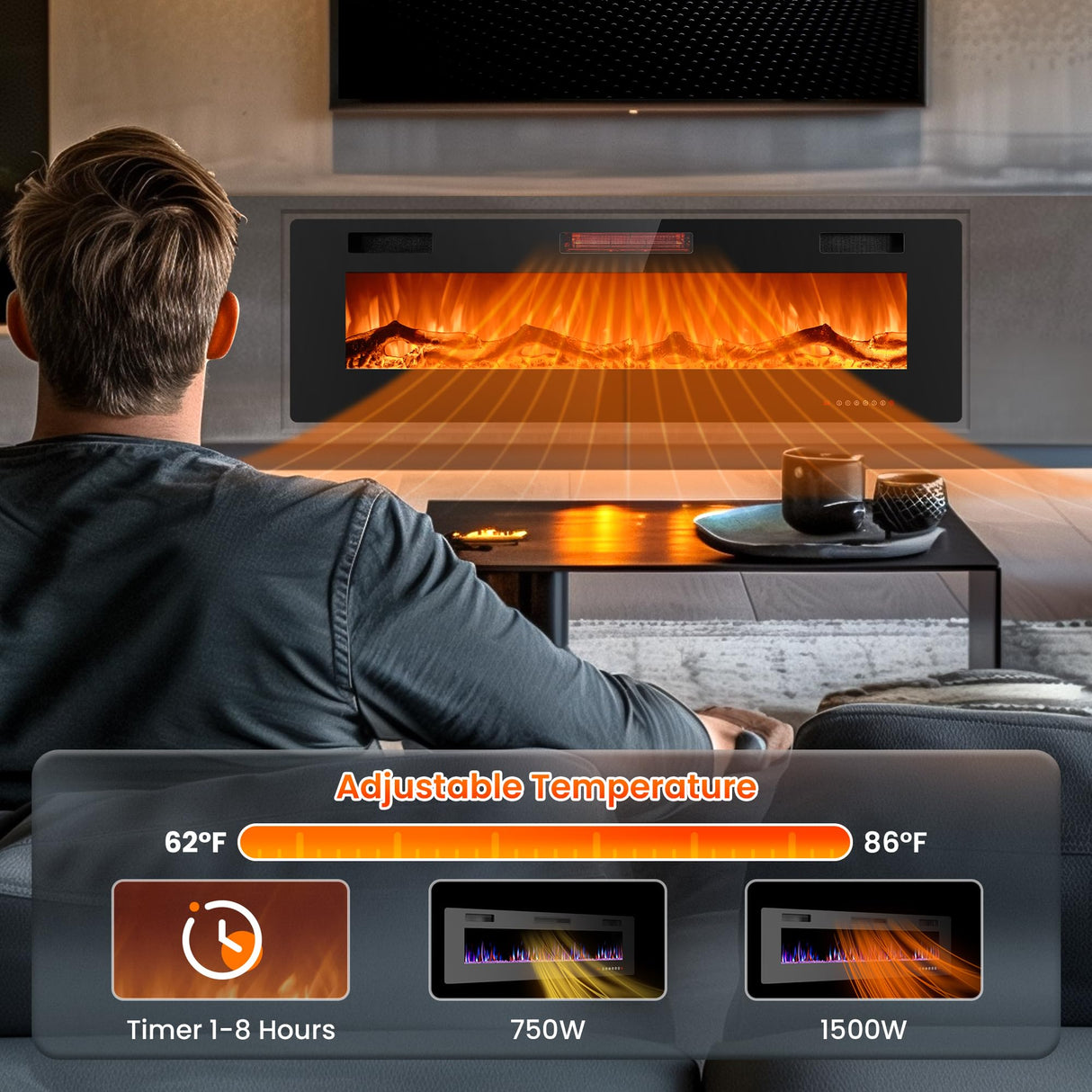 Joy Pebble 60 inch Electric Fireplace Inserts, in-Wall Recessed and Wall Mounted 750/1500W Fireplace Heater, Touch Screen, Remote Control with Timer, Adjustable Flame Color and Speed Joy Pebble