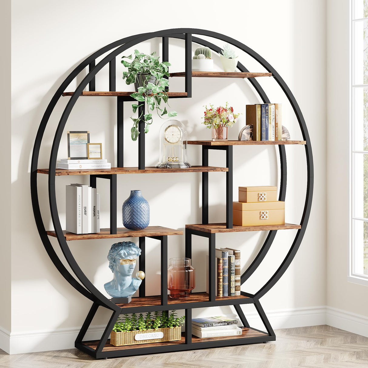 Tribesigns 63 Inch Rustic Brown Industrial Round Etagere Bookshelf with Staggered Shelves Tribesigns