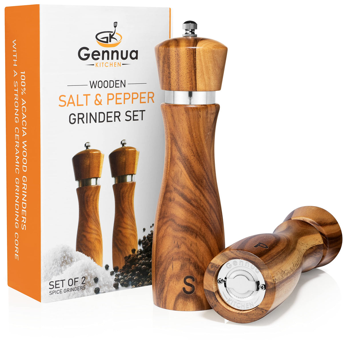 Gennua Kitchen Wooden Salt and Pepper Grinder Set: Refillable Salt & Pepper Mills Adjust for Customized Coarseness, Crafted of Solid Acacia Wood with Ceramic/Stainless Steel Core, 8 Inches Each Gennua Kitchen