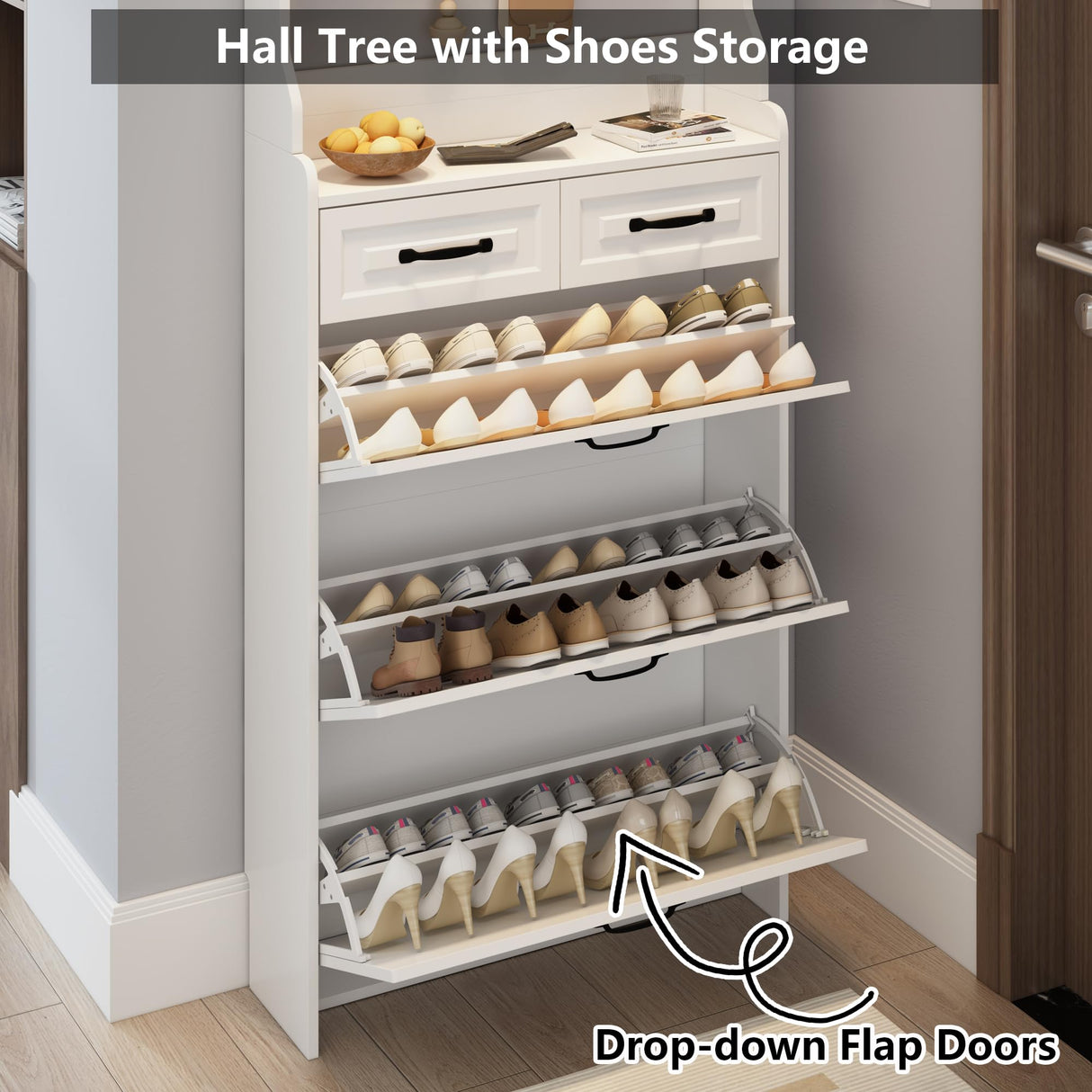 Betoko Hall Tree with Shoes Storage,Farmhouse Entryway Coat Rack Wooden Mudroom Hallway Tree Bench Corner Tree Cabinet with 8 Coat Hooks & 3 Shoes Cabinets & 2 Drawers(White) Betoko