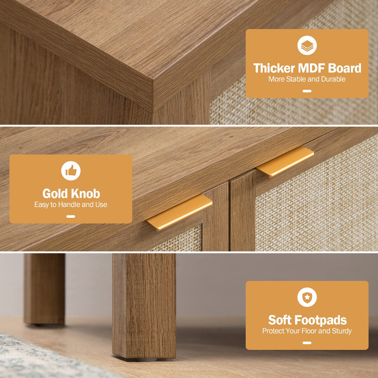 SICOTAS Rattan Sideboard Buffet Credenza Cabinet - 2 Pieces Farmhouse Kitchen Coffee Bar Cabinet with Rattan Decorated Doors - Boho Chest Storage Buffet Cabinet - Oak SICOTAS