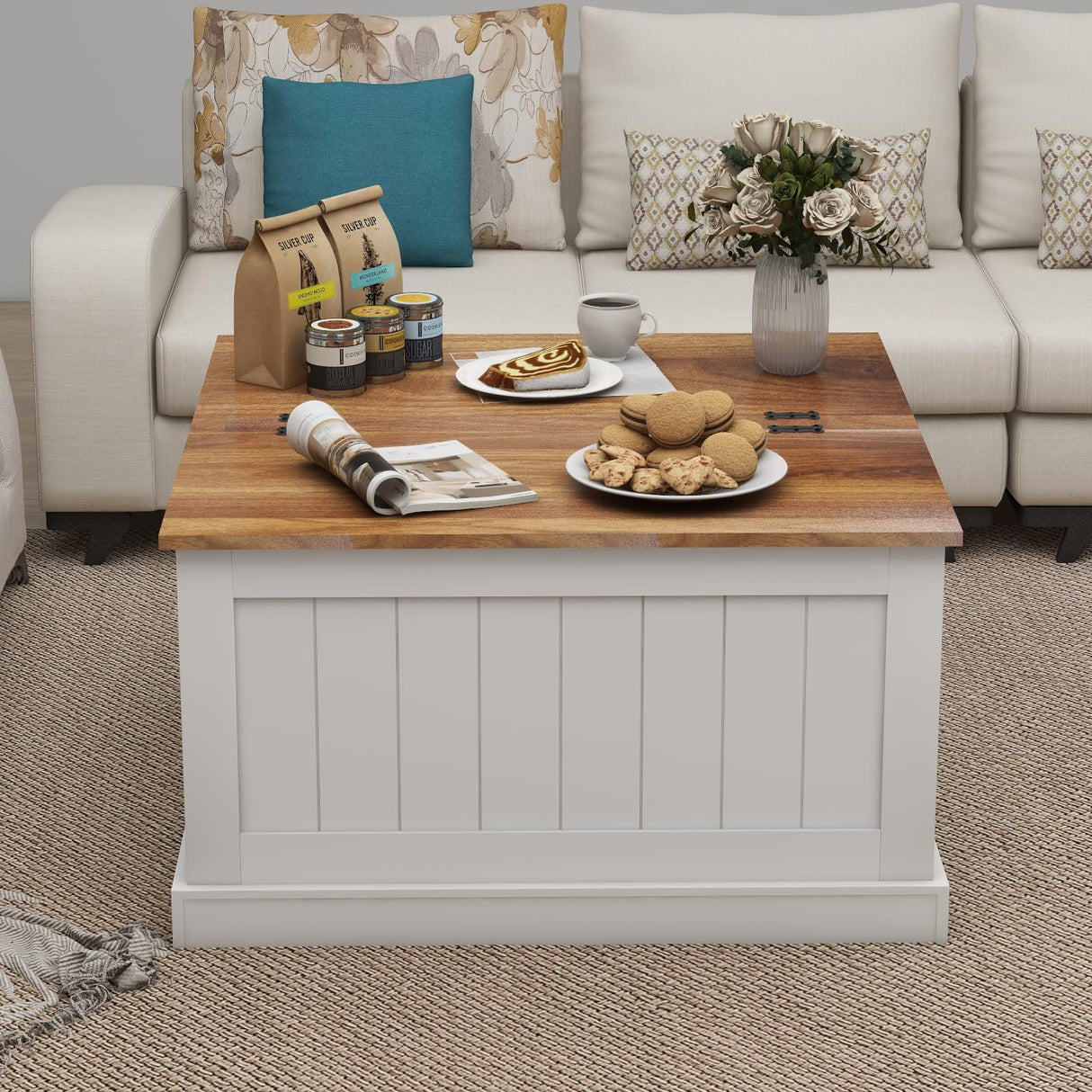Farmhouse Coffee Table, Square Wood Center Table with Large Hidden Storage Compartment for Living Room, Rustic Cocktail Table with Hinged Lift Top for Home, White Locsear