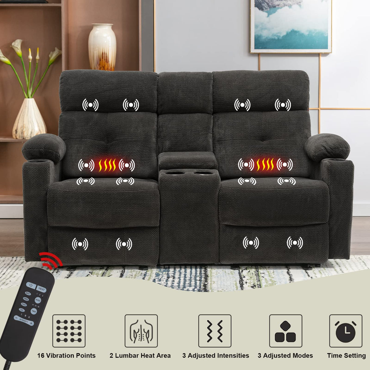 Consofa Power Reclining Loveseat with Console, Power Loveseat Recliner Sofa with Heat and Massage, Extended Footrest, Reclining Loveseat with Cup Holders, Lumbar Support for Living Room, RV Loveseat Consofa