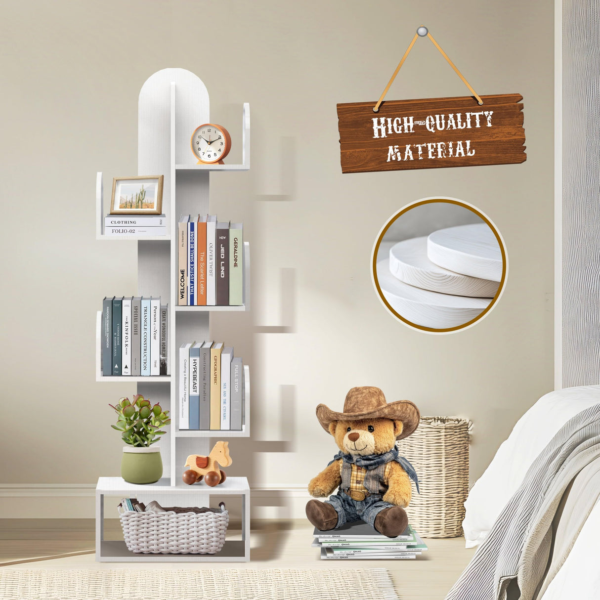 DOZILY Cactus Tree Bookshelf, 5-Tier Wood 50" Tall Book Storage Rack for CDs/Movies/Books, Small Space-Saving Organizer Shelves for Living Room, Bedroom, Home Office (White) DOZILY