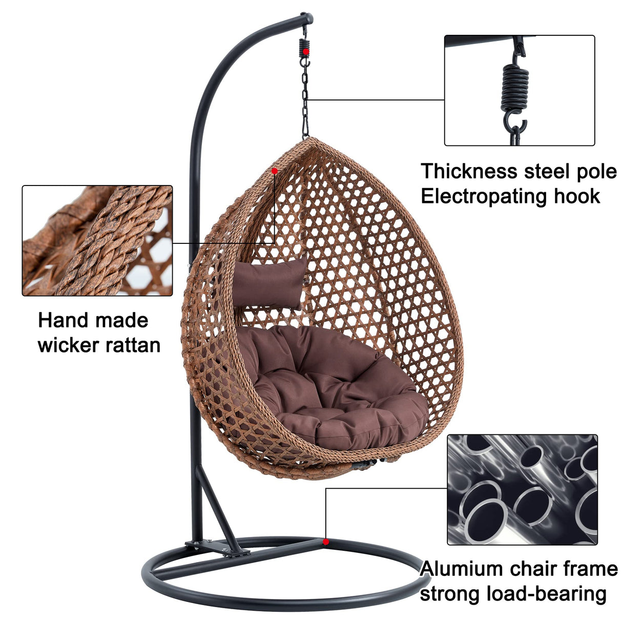 Hanging Egg Chair with Stand & Cushions, Outdoor and Indoor Hammock Rattan Swing Chair 350 lbs Capacity with Aluminum Steel Frame for Patio, Balcony, Backyard and Living Spaces (Dark Brown) hohoedc