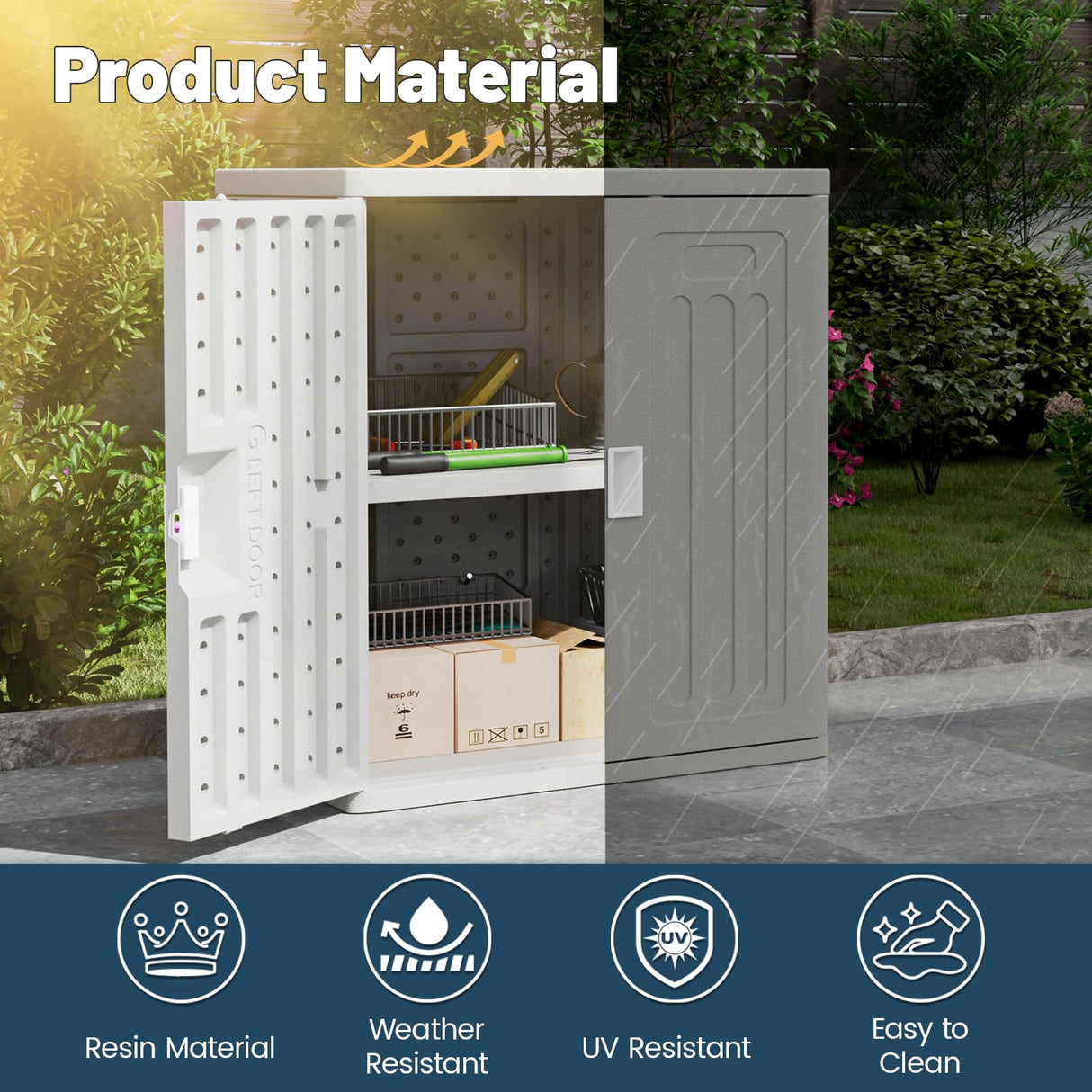 Amopatio Outdoor Storage Cabinet with 1 Shelf, Resin Storage Cabinet Waterproof, Plastic Patio Storage Shed All Weather Use for Tools, Cleaning Supplies, 19.7" D x 29.5" W x35.4 H, Grey Amopatio