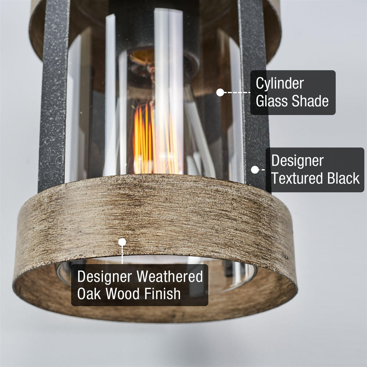 Kira Home Rochester 14" Modern Indoor Outdoor Wall Sconce + Cylinder Glass Shade, Weathered Oak Wood Style + Textured Black Finish Kira Home