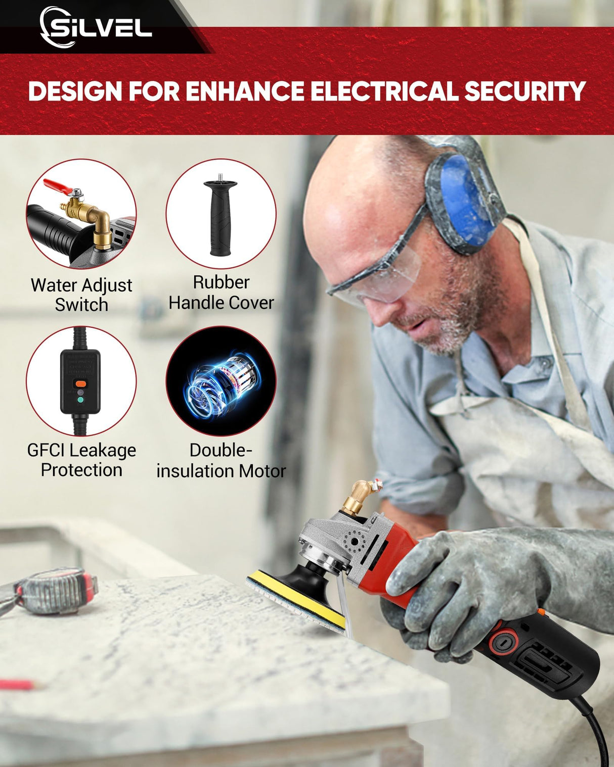 SILVEL 860W Wet Polisher, 4 inch Wet Stone Polisher with 6 Variable Speeds, 110V Granite Polisher with 7 Diamond Polishing Pads for Granite, Marble, Concrete, Stones SILVEL