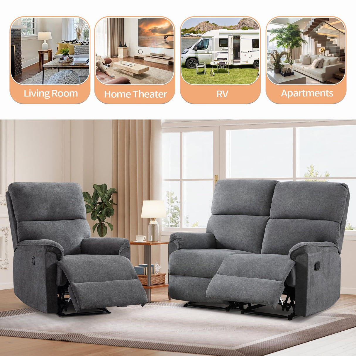 HAOMARKETS Recliner Sofa Set, Power Electric Single Recliner Chair for Adults with USB Port and Manual Reclining 2-Seater Loveseat Sofa for Living Room HAOMARKETS