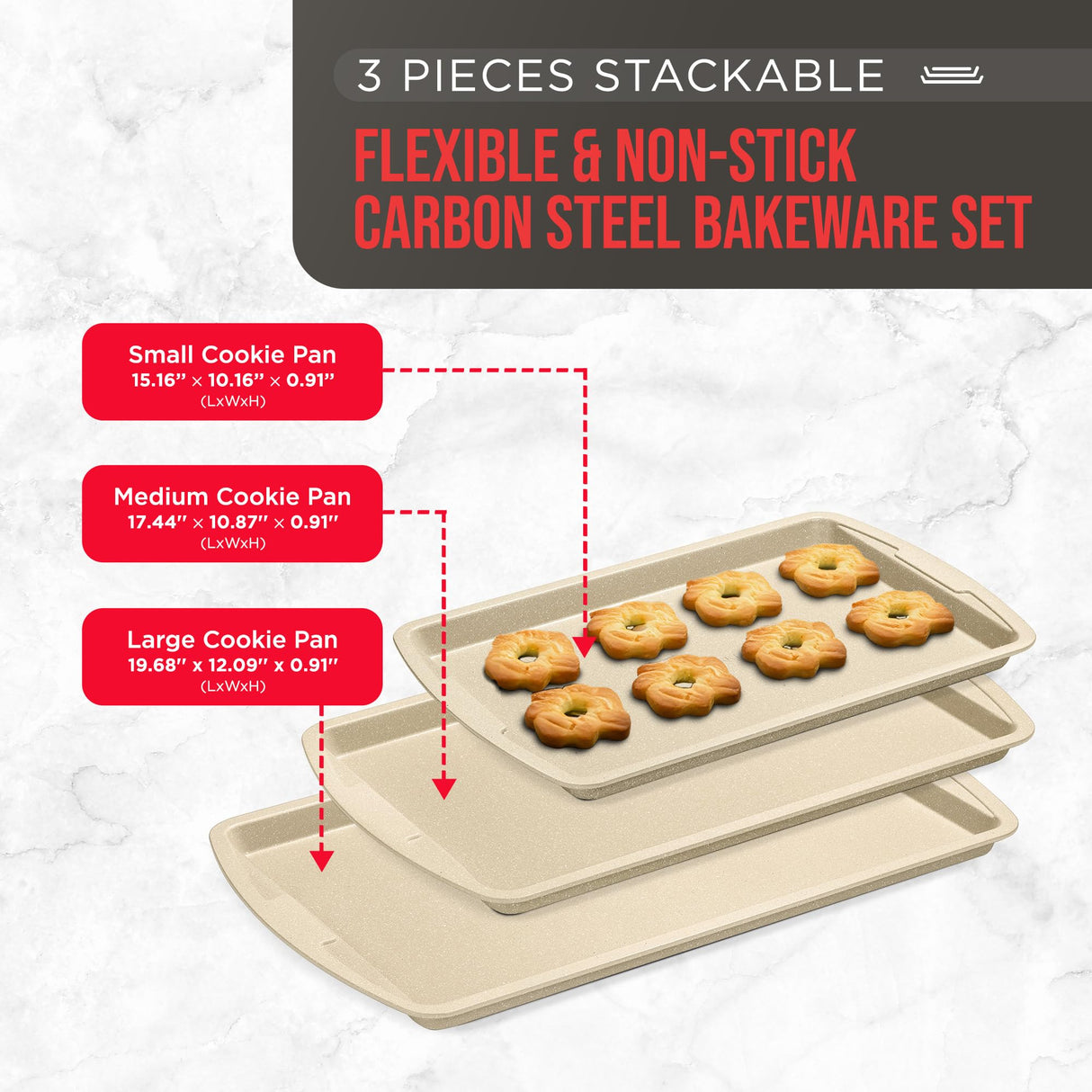 Bakken Swiss Cookie Sheet 3 Piece Set - Non-Stick, Stackable Baking Pans, White marble Deluxe Ceramic Coating – Dishwasher Safe - for Home Baking Bakken- Swiss