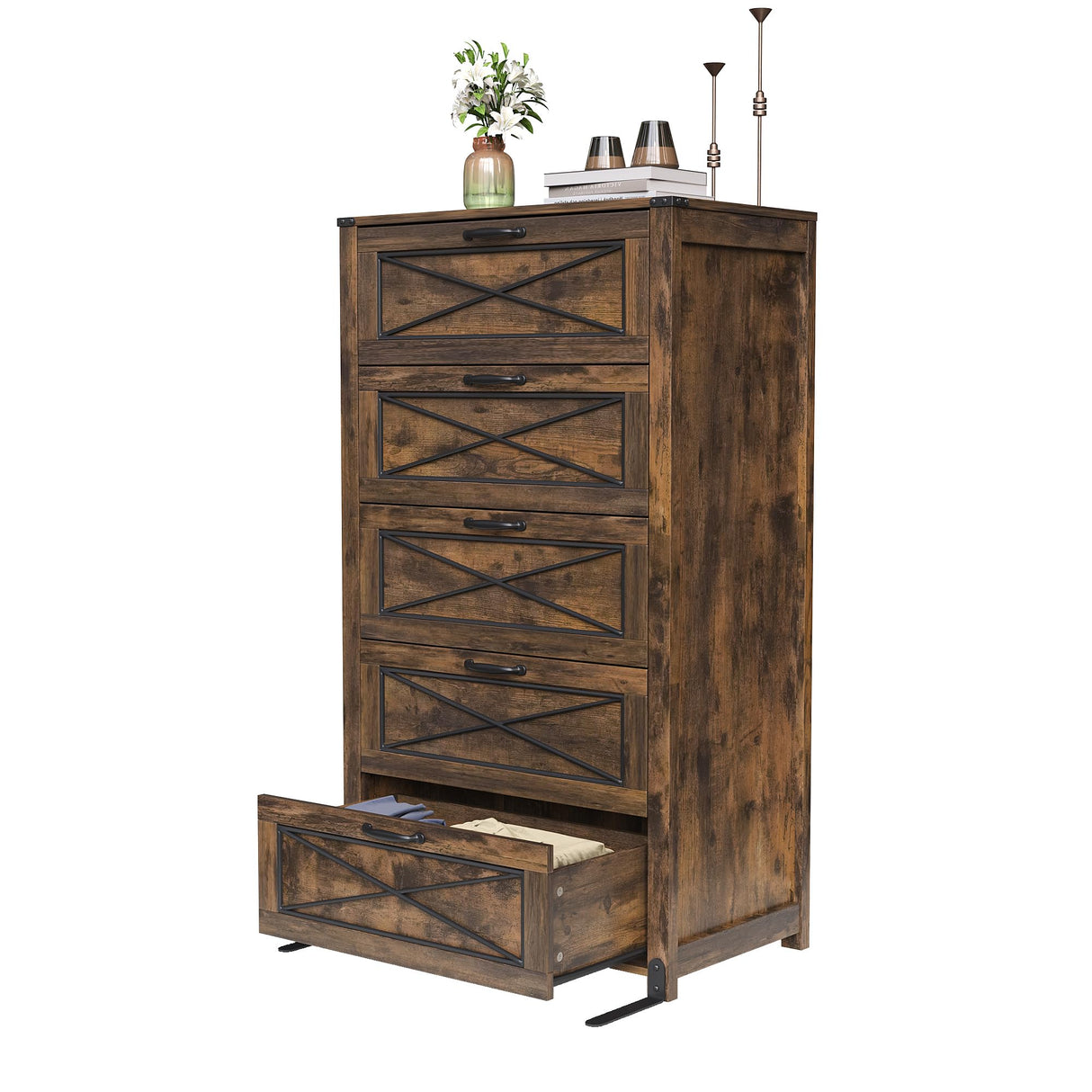 Maupvit 5 Drawers Dresser for Bedroom,Farmhouse Tall Wooden Dresser & Chests of Drawers,Large Storage Organizer for Closet, Hallway, Entryway,Living Room (Brown) Maupvit