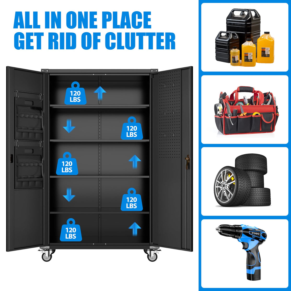 2025 Upgraded Wide & Deep Garage Storage Cabinet with Wheels, Lockable Metal Storage Cabinet with Pegboards and 9 Hooks, 2 Tool Pouches for Garage,4 Adjustable Shelves (Black,43''W x 22''D x 72''H) SUXXAN
