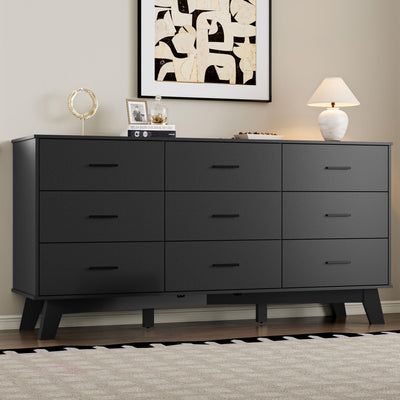 BORNOON Dresser for Bedroom with 9-Drawer, 59" Wide Modern Chest of Drawers with Metal Handles, X-Shape Base & Adjustable Center Leg, Anti-Tip Closet Organizers and Storage