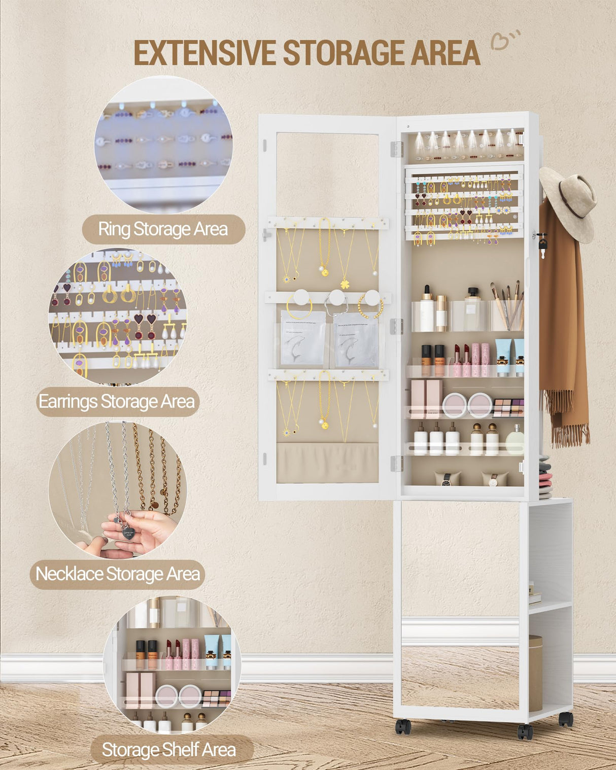 Hzuaneri 8 LEDs Jewelry Cabinet Armoire, 64.8-inch Jewelry Organizer with Garment Rack, Lockable Full-length Mirror with 4 Wheels, Storage Shelves with Hooks, 5-in-1, White and Beige JC17003BE Hzuaneri