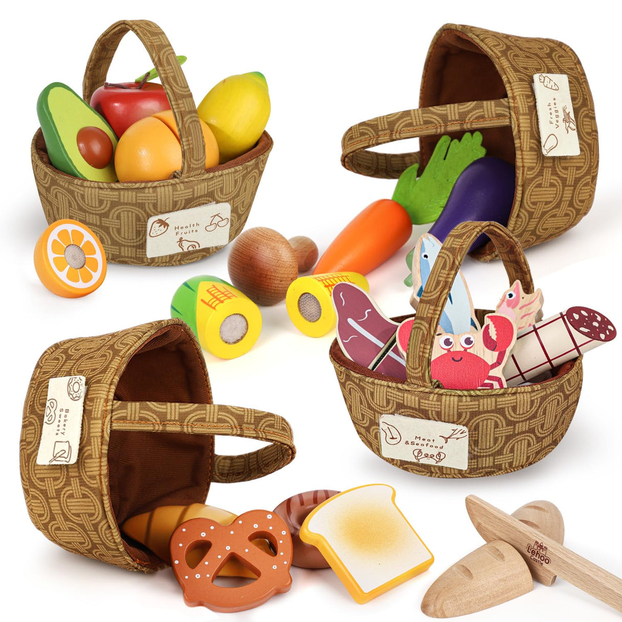 Wooden Play Food Sets, Lehoo Castle Toys Food for Kids Ages 4-8, Pretend Play Cutting Food Toys for Toddlers 3-5, Gift for Girls Boys Lehoo Castle