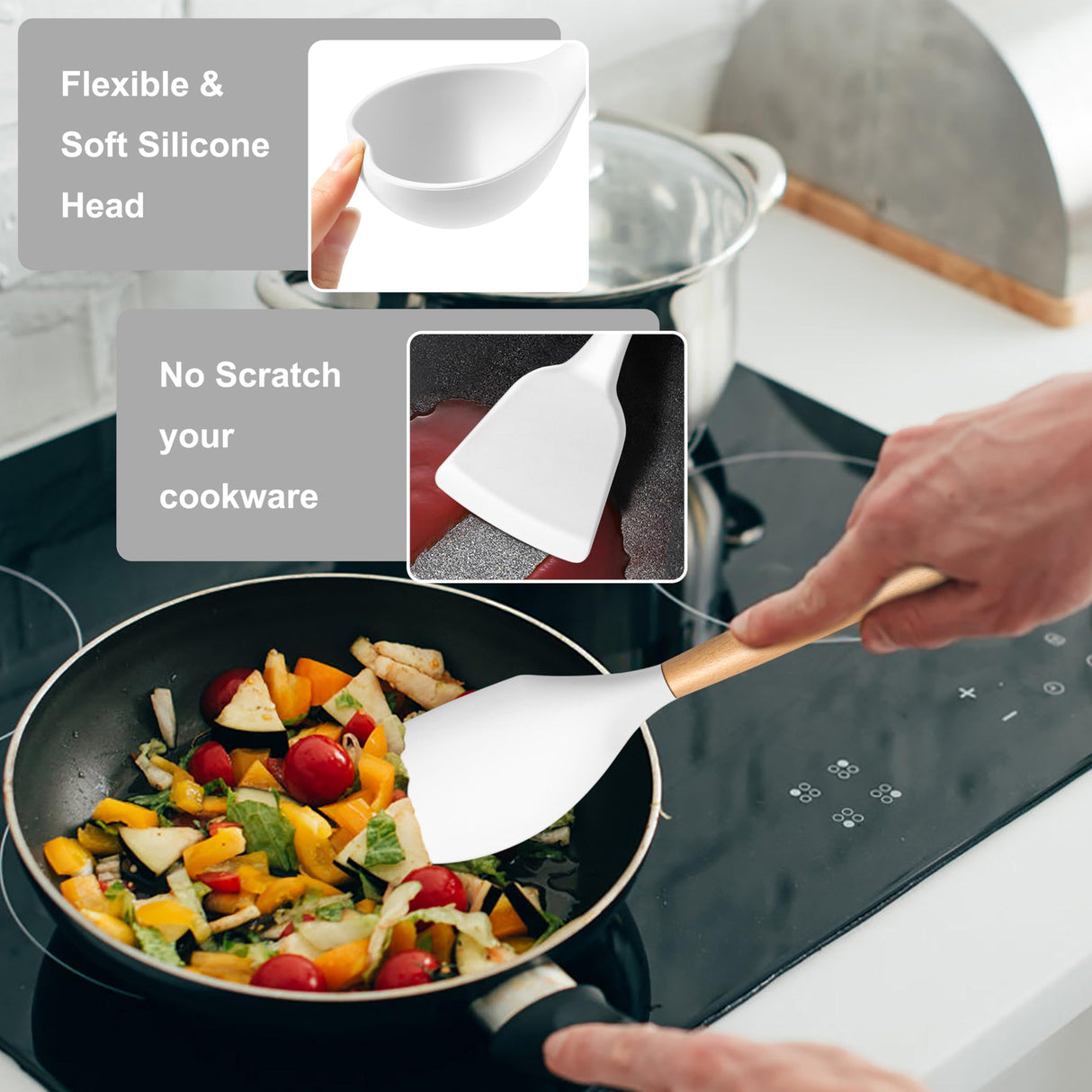 E-far Silicone Cooking Utensils Set, 446℉ Heat Resistant 10PCS Kitchen Utensils Set with Wooden Handle for Nonstick Cookware, Kitchen Tools Spatula Whisk Tongs Ladle, Non-toxic & Healthy, White E-far