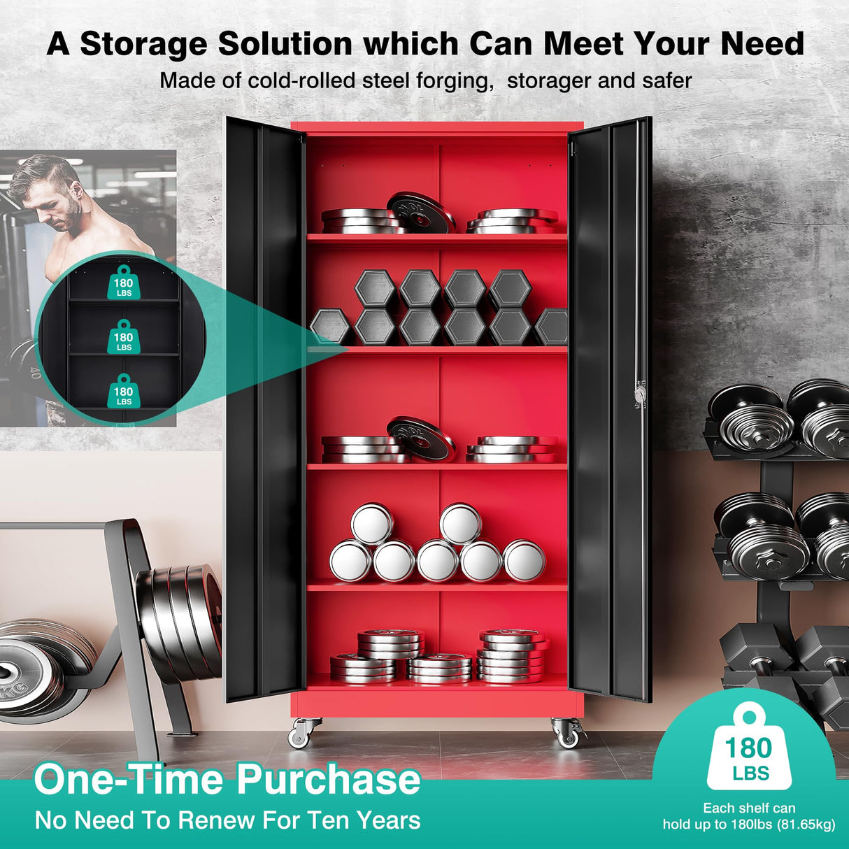 SISESOL Metal Storage Cabinet with Wheels,Rolling Garage Storage Cabinet with Lock,Red Metal Cabinet on Wheels,Tall Tool Storage Cabinet on Wheels for Garage,Home,Office,Shop SISESOL