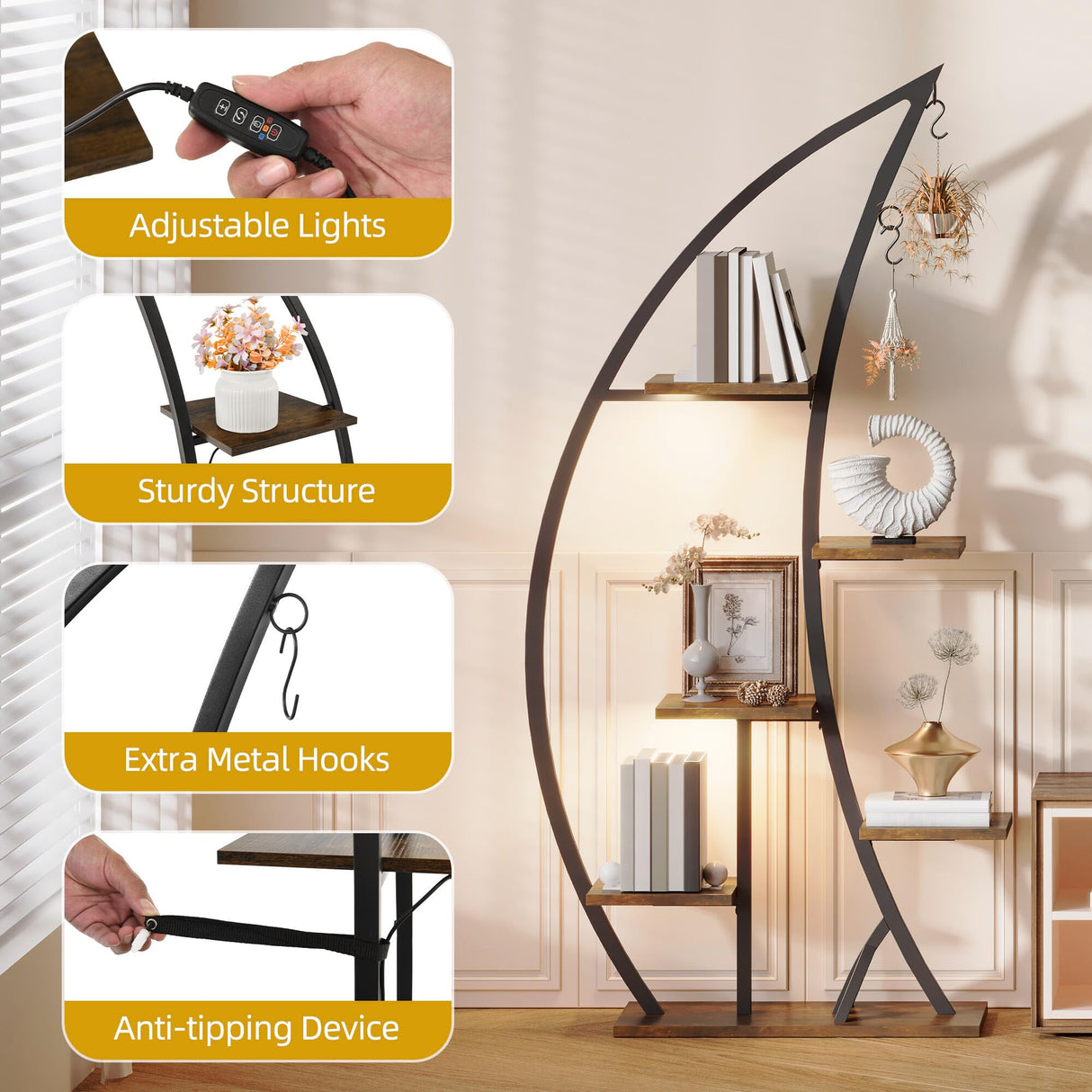 DWVO Tall Bookshelf with LED Light, Artistically Designed Crescent-Shaped Bookshelf with 10-Tier Shelves, Corner Bookcase Open Display Rack for Home Office, Bedroom DWVO