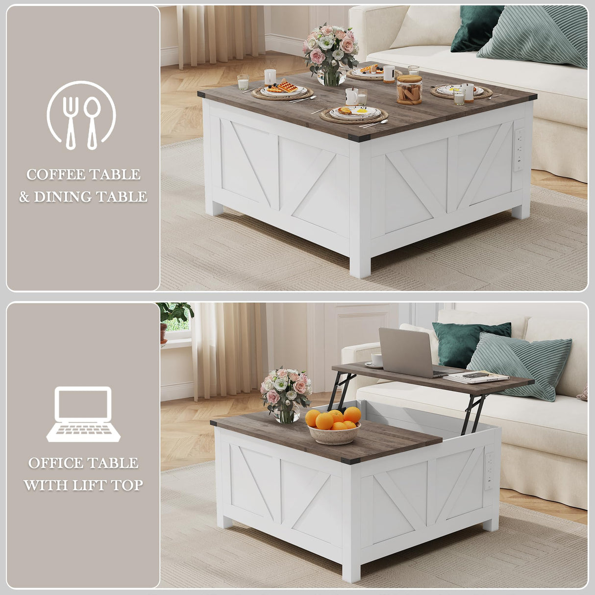 NEWBULAND 35" Lift Top Coffee Table with Storage, Wooden Coffee Tables for Living Room, Farmhouse Coffee Table with Large Hidden Storage Compartment, White and Grey NEWBULAND