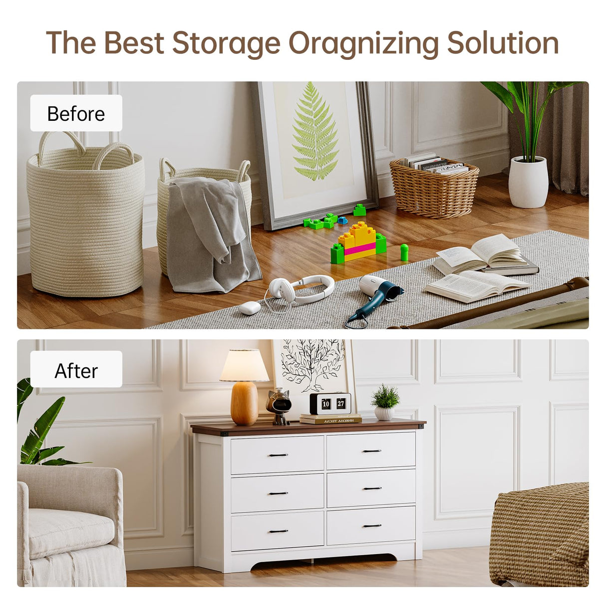 Farmhouse 6 drawer dresser for bedroom, 51" Wide chest of drawers, Wood white dresser with Metal Handle and Anti-Tipping Device, Storage Dressers Organizer for Bedroom, Living Room, Hallway, White Airynee