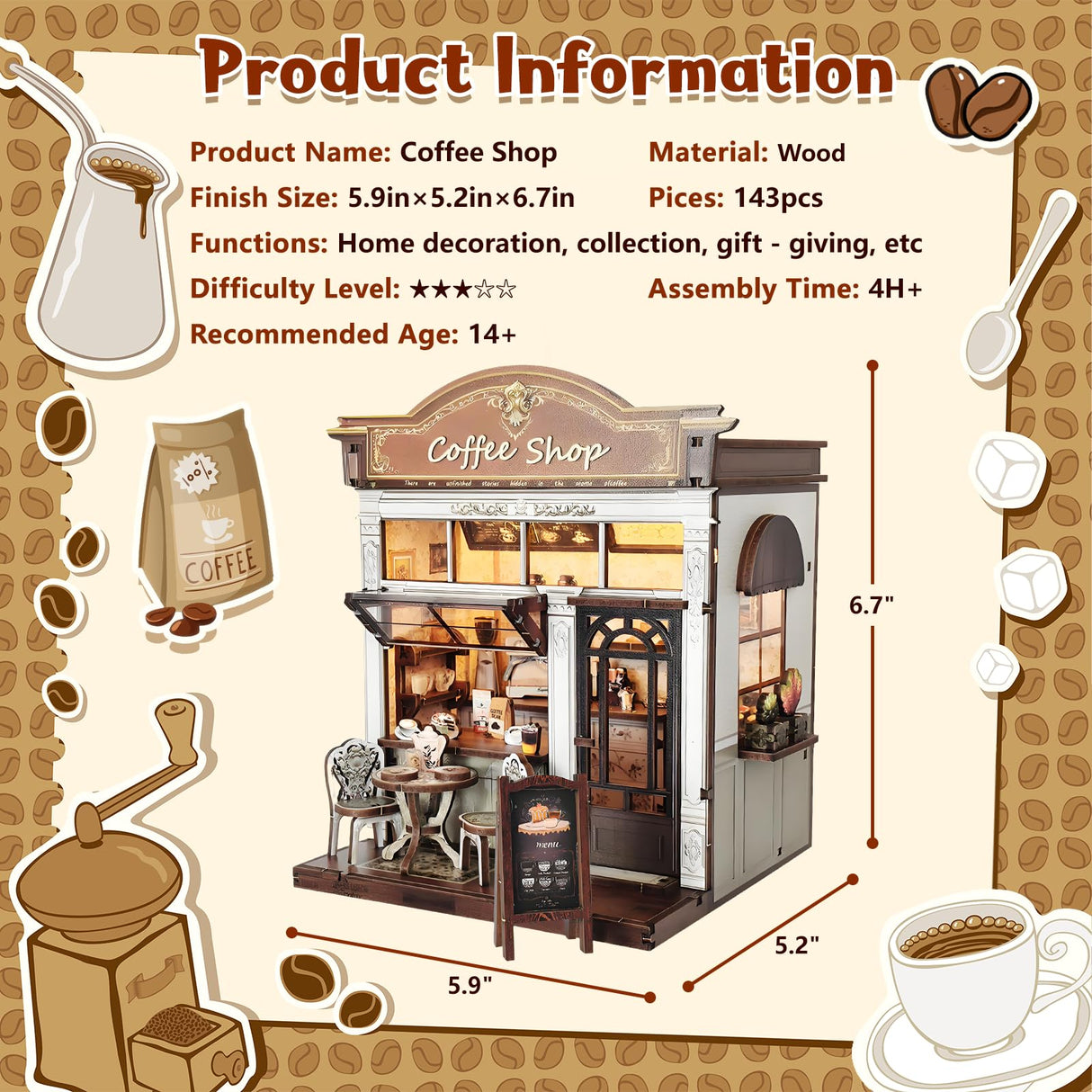 DIY Miniature House Kit, Coffee Shop Book Nook Kit, Mini Building Kit, Dollhouse Kit for Adults and Teens, 3D Wooden Puzzles with LED Light, Craft Kit for Family and Friends(Retro Coffee Shop) ANTREATU