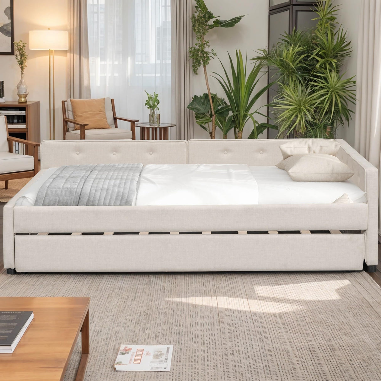 GM Ultra Queen Size Upholstered Daybed with Twin Size Trundle and USB Port, Comfy Linen Fabric Corner Day Bed Frame, Modern L Shaped Sofa Bed Frame with Wood Slats, Easy Assembly, Beige GM Ultra