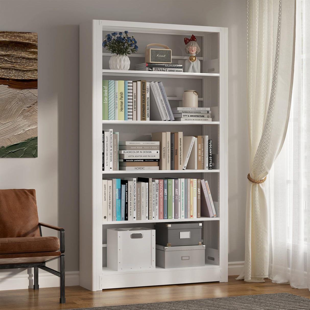 LyAosdFu Heavy Duty Metal Bookshelf, 5 Shelf Adjustable Bookcase, 69’’ Tall Modern Bookshelves, Open Book Shelf Organizer, Large Sturdy Book Case for Living Room, Library, Office, White Book Shelf LyAosdFu