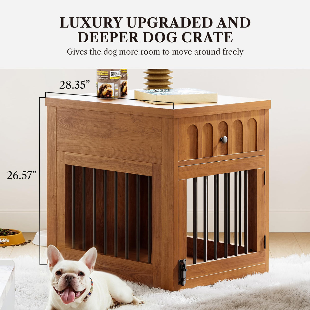 LIKEMET Dog Crate Furniture for Small Dogs, Wooden Dog Kennel with Drawer, Indoor Pet Crate End Table with 1.18-inch Tabletop, Decorative Pet Cage Dog House, Walnut LIKEMET