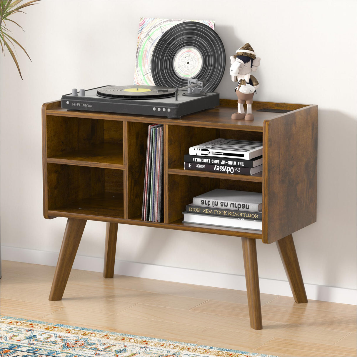 Forevich Record Player Stand Table with Vinyl Storage Holder Large Turntable Record Stand with Power Outlet Holds Up to 220 Albums Display Shelf Cabinet with Wood Legs for Living Room Rustic Brown Forevich
