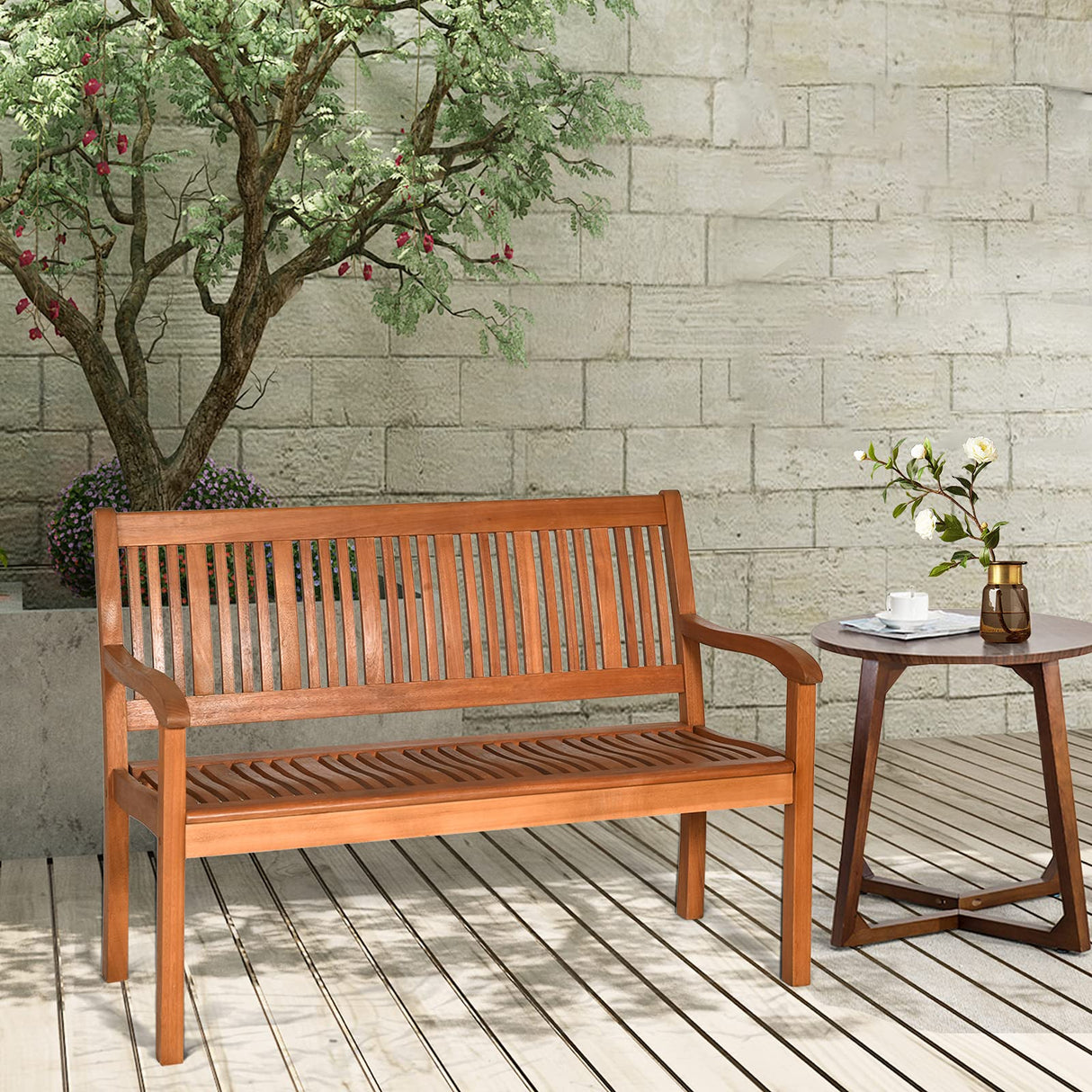 COSTWAY Wooden Bench Outdoor, Teak Bench with Curved Armrest & Backrest for Garden, Park & Porch, 25" D x 50" W x 36" H COSTWAY
