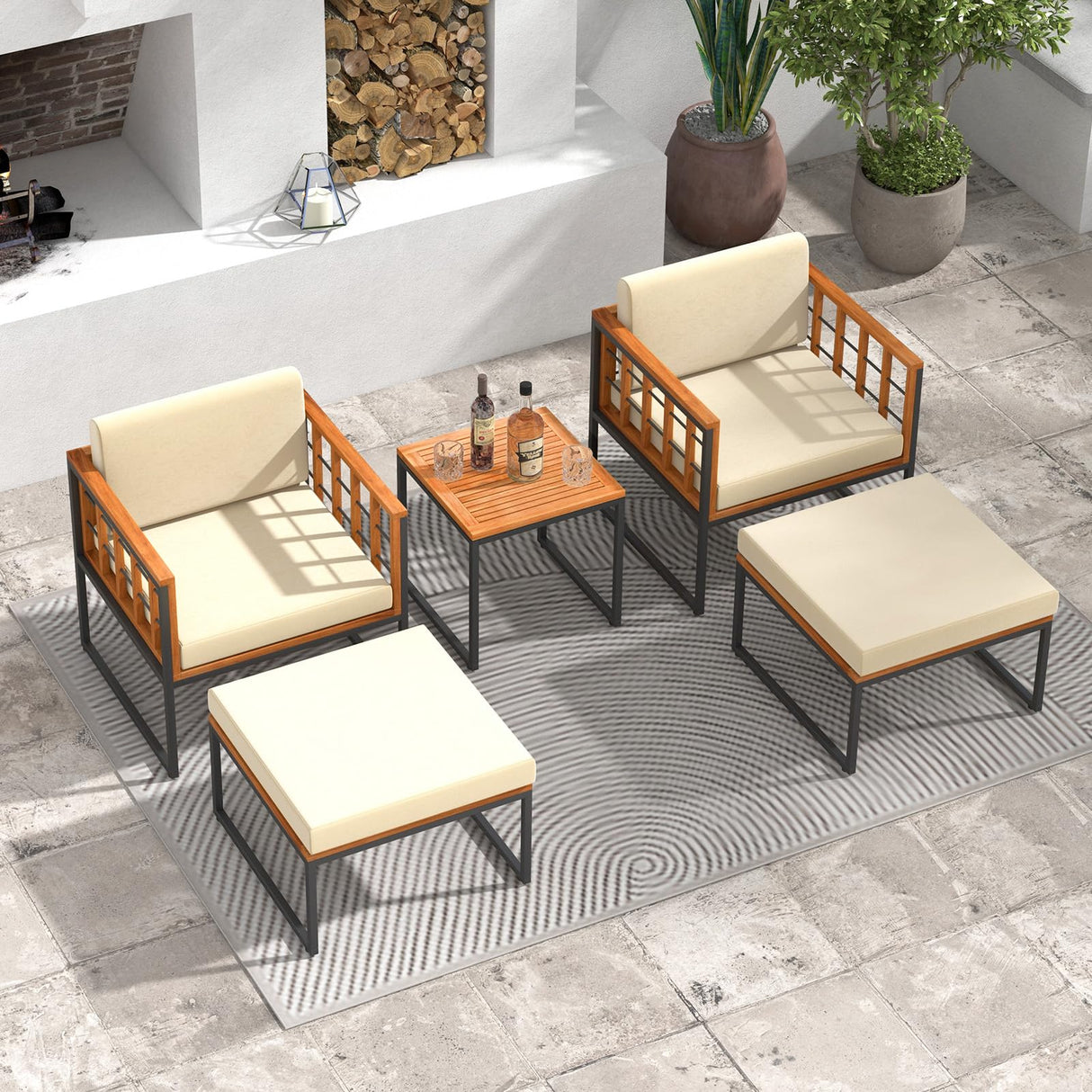 Tangkula 5 Pieces Acacia Wood Patio Furniture Set with Ottomans, Outdoor Conversation Set with Soft Cushions and Coffee Table for Poolside, Garden, Balcony and Backyard (Beige) Tangkula