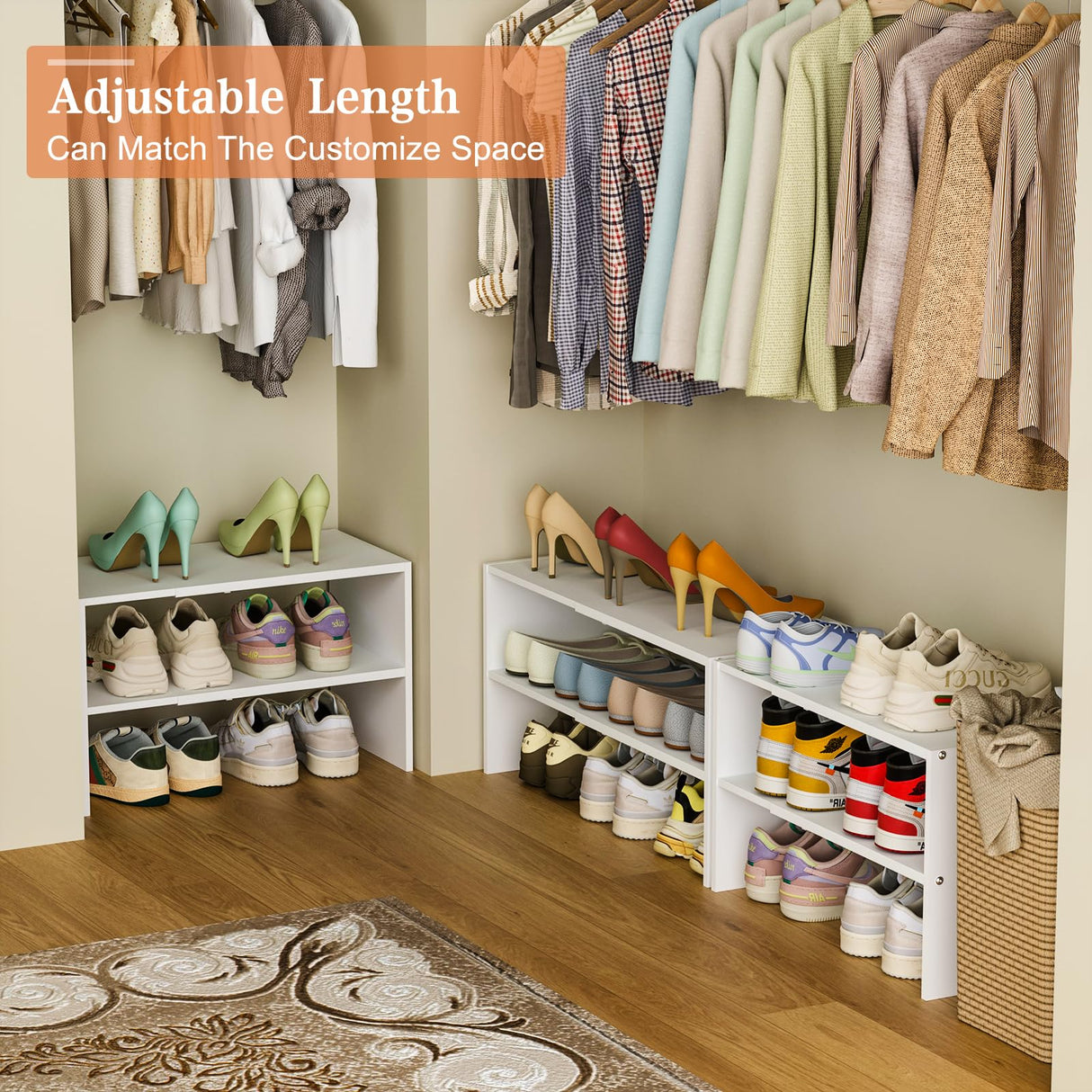 2 Pack White Shoe Rack for Closet, 2-Tier Expandable Small Shoe Shelf, Stackable Iron Wood Combination Shoe Organizer Racks Shelves for Closets, Entryway, Hallway, Garage, Holds 15-24 Pairs Cidaziya