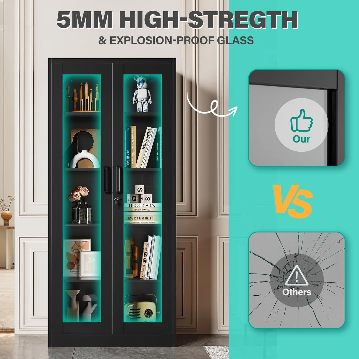 SISESOL Metal Storage Cabinet with Lock and Glass Doors,Glass Display Cabinet,67" Tall Black Storage Cabinets,Locking Curio Cabinets with 5 Shelves for Collectibles,Home,Office,Living Room SISESOL