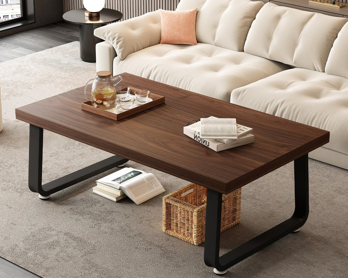 HSH Rustic Walnut Coffee Table, 39” Mid Century Modern Center Table, Rectangle Industrial Living Room Coffee Table, Simple Farmhouse Wood and Metal Tea Coffee Table for Home Bedroom, Walnut, 39 in HSH